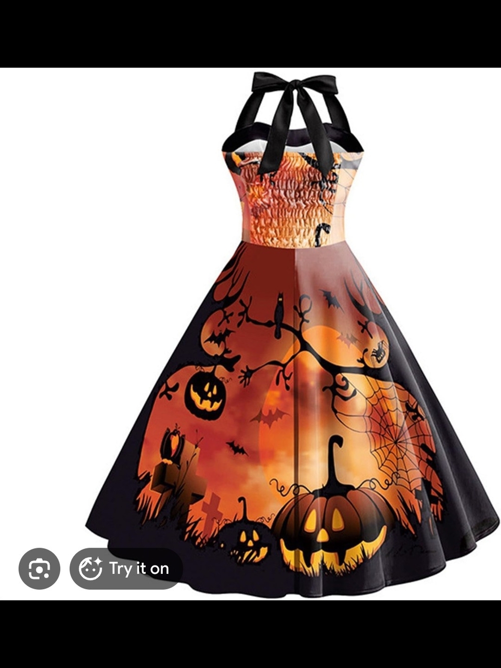 Halloween Pumpkin Print Halter Dress in Orange and Black